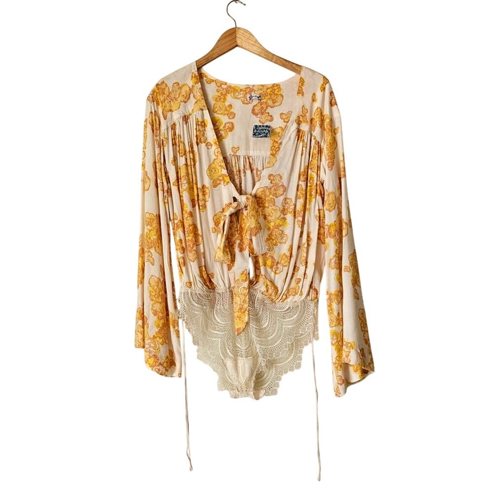 Intimately Free People Yellow Floral Lace‎ Bodysuit M NWT Boho Coquette Festival